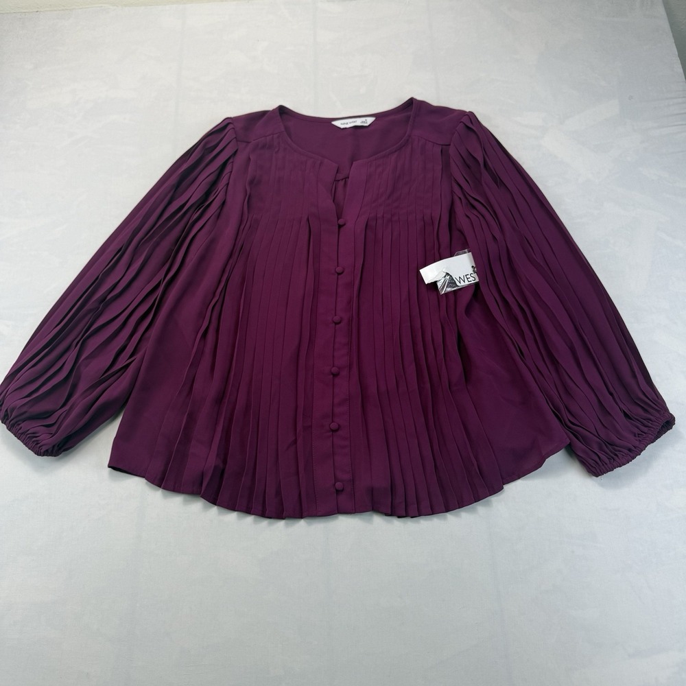 Nine West Purple Chiffon Pleated Button Balloon Sleeve Blouse Medium